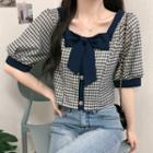 Puff Short-sleeve Bow Plaid Blouse