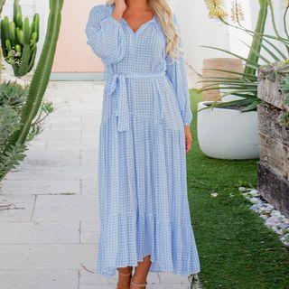 Long-sleeve Gingham Check Tiered Midi A-line Dress
