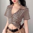 Short-sleeve Collar Striped Asymmetrical T-shirt