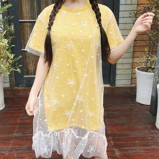 Mock Two Piece Lace Panel Short Sleeve Dress