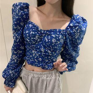 Floral Cropped Blouse Floral - Blue & White - One Size