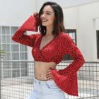 Dotted V-neck Long-sleeve Crop Top
