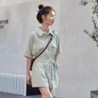 Pocketed Short-sleeve Playsuit Green - One Size