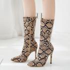 Snake Print Pointed Mid-calf High Heel Boots