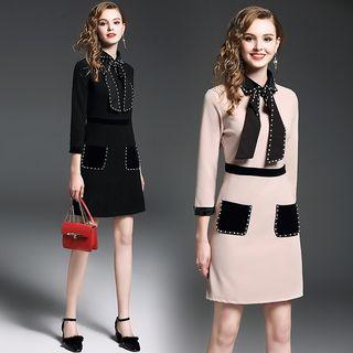 Peter Pan Collar Bow Gathered-waist Long-sleeved A-line Sheath Dress