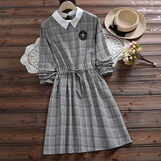 Mock Two-piece Long-sleeve Plaid A-line Midi Dress