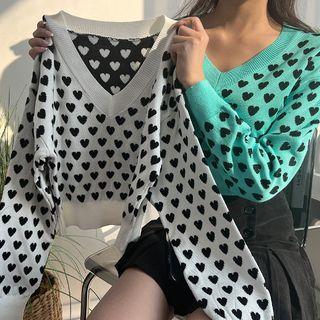 V-neck Heart-pattern Knit Crop Top
