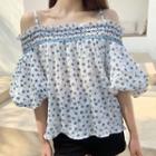 Elbow-sleeve Floral Print Blouse Floral Print - Blue - One Size
