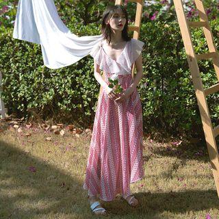 Ruffle-sleeve Patterned Midi A-line Dress