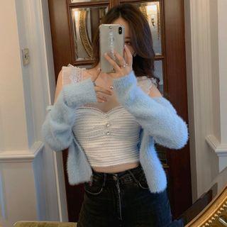 Ruffled Lace Trim Camisole Top / Cropped Cardigan