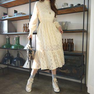 Smocked-trim Lace Long Dress