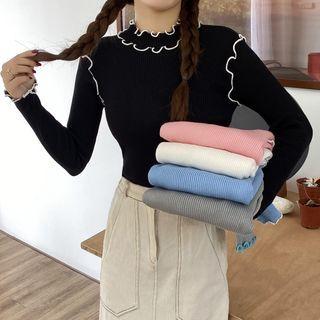 Long Sleeve Mock-neck Ruffle Trim Top