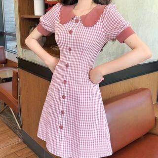 Gingham Puff-sleeve A-line Dress