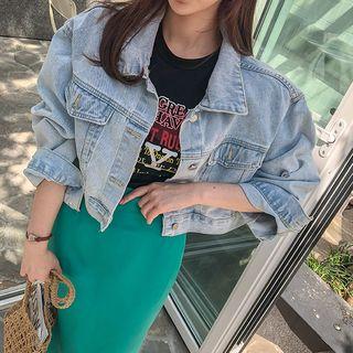 Pocket-detail Cropped Denim Jacket Light Blue - One Size