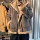 Faux Suede Fleece-lined Zip-up Hooded Jacket