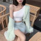 Fluffy Cropped Cardigan / One-shoulder Crop Tank Top / Side-slit Mini Pencil Skirt