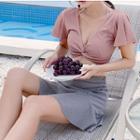 Set: Plain Bikini Top + Contrast Color Swim Bottom + Swim Skirt + Flutter Sleeve Cropped Cover-up