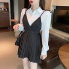 Plain Long-sleeve Shirt / Pleated Mini A-line Pinafore Dress