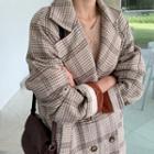 Double-breasted Glen-plaid Long Coat Beige - One Size