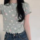 Short-sleeve Floral Print Cropped T-shirt Mint - One Size