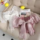 Off-shoulder Mesh Bow Smocked Top