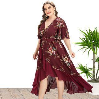 Plus Size Short Sleeve V Neck Ruffled Hem Flower Print A-line Dress