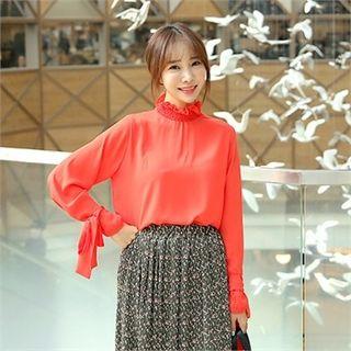Smocked-neck Beribboned Cuff Top