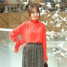 Smocked-neck Beribboned Cuff Top
