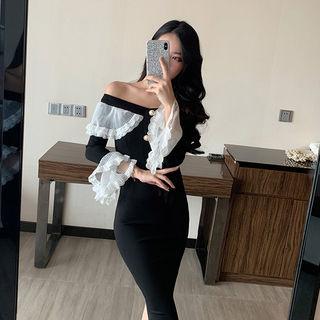 Off-shoulder Lace-trim Dress Black - One Size