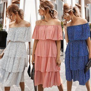 Dotted Off-shoulder Midi Tiered Dress