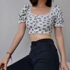 U-neck Floral Lace Button-up Cropped Top