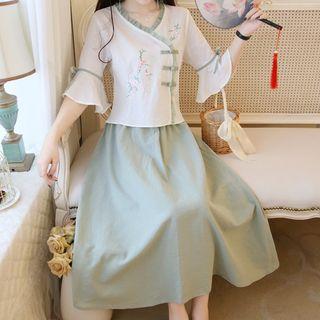 Set: Bell-sleeve Embroidered Hanfu Top + Midi A-line Skirt