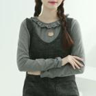 Lace-neckline Cat-keyhole Top Gray - One Size