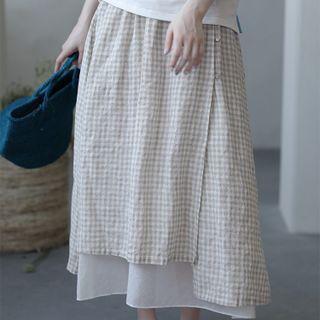 Gingham Panel Midi A-line Skirt