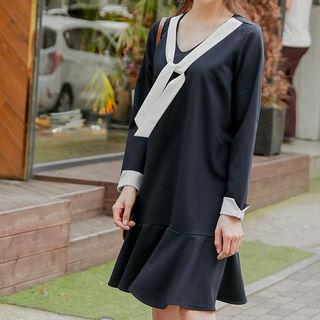 Inset Contrast-tie Ruffle-hem Dress