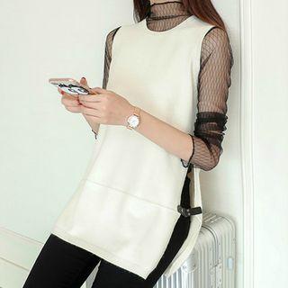 Set: Long-sleeve See Through Top + Knit Vest