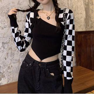 Asymmetrical Cropped Camisole Top / Long-sleeve Check Shrug
