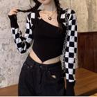 Asymmetrical Cropped Camisole Top / Long-sleeve Check Shrug