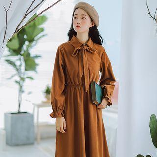 Long-sleeve Collar Gathered-waist A-line Dress