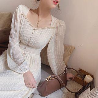 Long Sleeve Square Neck Embroidered A-line Dress