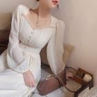 Long Sleeve Square Neck Embroidered A-line Dress
