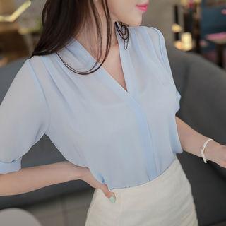 Short-sleeved Ice-blue Chiffon Blouse