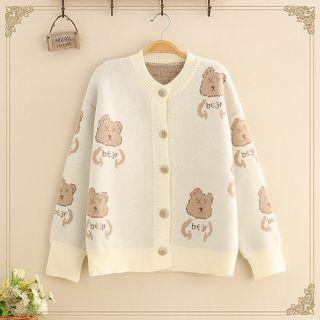 Bear Jacquard Round Neck Knit Cardigan
