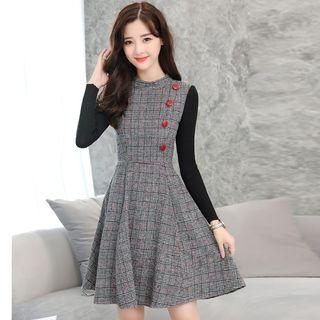 Long-sleeve Paneled Plaid Mini A-line Dress