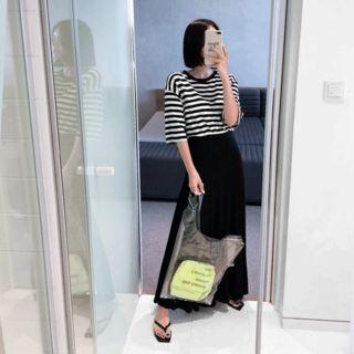 Set: Elbow-sleeve Stripe T-shirt + Long Skirt