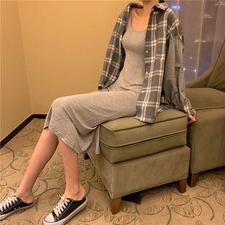 Plaid Panel Shirt / U-neck Midi Spaghetti Strap Dress