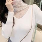 Long Sleeve Lace Panel Turtleneck Knit Top