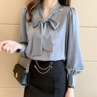 Lantern-sleeve Ribbon Tie-neck Blouse / Ruffle Hem Midi Pencil Skirt