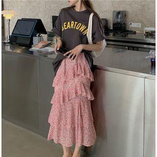 Lettering T-shirt / Floral Ruffle Trim Midi A-line Skirt
