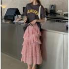 Lettering T-shirt / Floral Ruffle Trim Midi A-line Skirt
